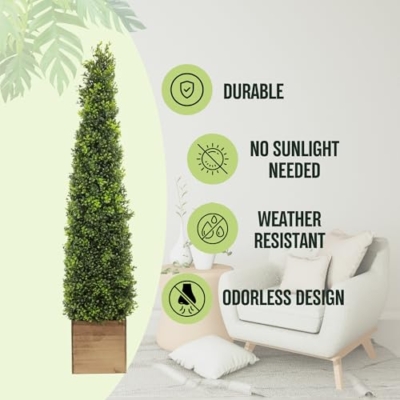 Product: 2.8ft Artificial Boxwood Topiary Tree with Wooden Pots - Perfect Outdoor Decor