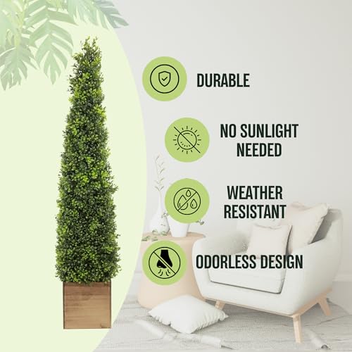 Product: 2.8ft Artificial Boxwood Topiary Tree with Wooden Pots - Perfect Outdoor Decor