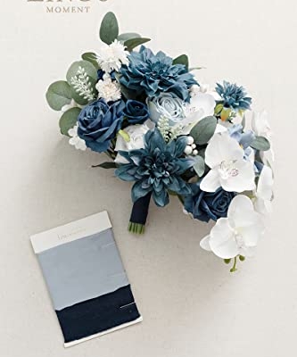 Product: Ling's Moment Navy Blue Bridal Bouquet, 13 Inch Wedding Bouquets for Bride, Silk Free Form Bridal Bouquets for Wedding, Ceremony, Anniversary, etc.