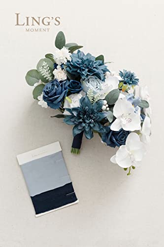Product: Ling's Moment Navy Blue Bridal Bouquet, 13 Inch Wedding Bouquets for Bride, Silk Free Form Bridal Bouquets for Wedding, Ceremony, Anniversary, etc.