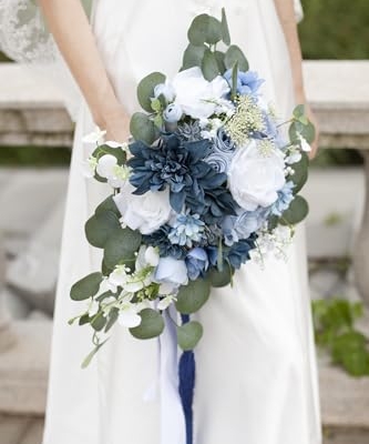 Silky Flower Store Dusty Blue Wedding Bouquet, White Navy Blue Artificial Roses Cascading Bridal Bouquet, Rustic Boho Vintage, 17x11in 10 10 Product: Yelinart 11 Inch Dusty Blue Wedding Bouquets for Bride White Navy Blue Artificial Roses Flower Cascading Bridal Bouquet for Rustic Boho Fall Vintage Wedding Ceremony Party and Anniversary