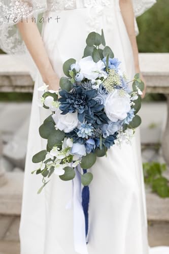 Silky Flower Store Dusty Blue Wedding Bouquet, White Navy Blue Artificial Roses Cascading Bridal Bouquet, Rustic Boho Vintage, 17x11in 4 4 Product: Yelinart 11 Inch Dusty Blue Wedding Bouquets for Bride White Navy Blue Artificial Roses Flower Cascading Bridal Bouquet for Rustic Boho Fall Vintage Wedding Ceremony Party and Anniversary