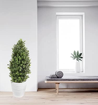 Silky Flower Store 30 Inch Artificial Boxwood Topiary, Outdoor Ready Faux Potted Shrubs, 2 Piece Set, 30in 14 14 Product: 30" Tall Artificial Boxwood Topiary, 2 Pcs Outdoor Ready Artificial Boxwood Topiaries Trees, Natural Looking Fake Potted Shrubs