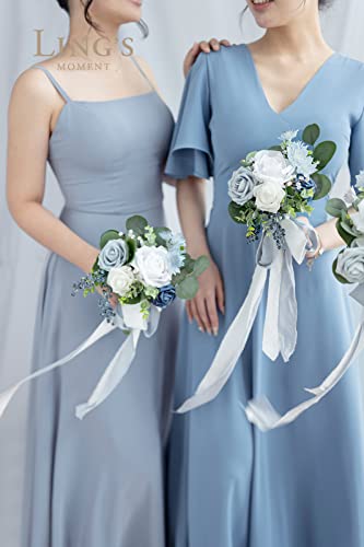 Silky Flower Store Dusty Blue Bridesmaid Bouquet, Artificial Silk Foam Wedding Flowers Set of 6, Blue White Bridal Bouquet, 7 Inch 4 4 Product: Ling's Moment Artificial Flowers Dusty Blue Bridesmaid Bouquet Set of 6, Blue & White Wedding Flowers Bouquets for Bridesmaids, 7 Inch Bridal Bouquets for Bridesmaids