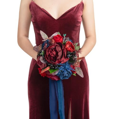 Product: Ling's Moment Burgundy Navy Bridal Bouquet for Bride, Jewel Tone Wedding Bouquets for Bride Maid of Honor Bridesmaid, 9 Inch Silk Round Artificial Wedding Flowers Bouquets