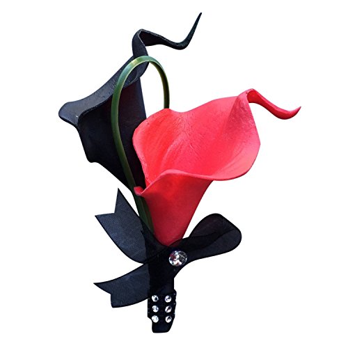 Silky Flower Store Artificial Wedding Cascade Bouquet, Black Red White Calla Lily Boutonniere, 10W x 20L 2 2 Product: Angel Isabella Artificial Wedding Cascade Bouquet Black Red White with Boutonniere
