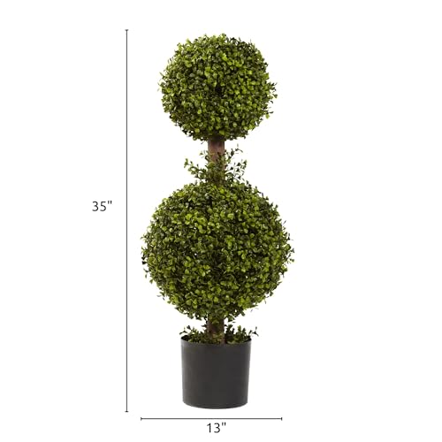 Product: Nearly Natural 35IN Artificial Double Boxwood Topiary Ball Tree, Fake Topiary Plant for Indoor Home Décor in Black Nursery Planter