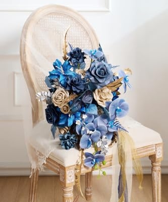 Silky Flower Store Navy Blue and Gold Cascading Bridal Bouquet, Artificial Wedding Flower Bouquet, 15 Inch 11 11 Product: Ling's Moment Navy Blue and Gold Bridal Bouquet Cascading, Manor Blue Wedding Bouquets for Bride, 15 Inch Artificial Wedding Flower Bouquet