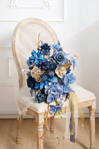 Silky Flower Store Navy Blue and Gold Cascading Bridal Bouquet, Artificial Wedding Flower Bouquet, 15 Inch 4 4 Product: Ling's Moment Navy Blue and Gold Bridal Bouquet Cascading, Manor Blue Wedding Bouquets for Bride, 15 Inch Artificial Wedding Flower Bouquet