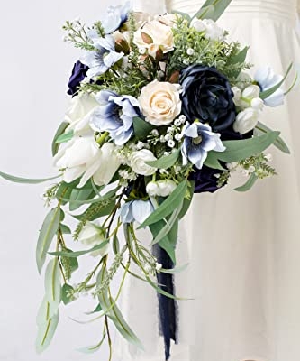 Silky Flower Store Navy Blue Bridal Bouquet, Cascading Wedding Bouquet, Faux Roses Eucalyptus, Wedding Decor, 12 Inch 10 10 Product: BENCENTRE 12 Inch Navy Blue Bridal Bouquet, Cascading Bouquet, Wedding Bouquet,for Wedding Ceremony Anniversary, Bridal Party and French Rustic Vintage Wedding, Artificial Flowers