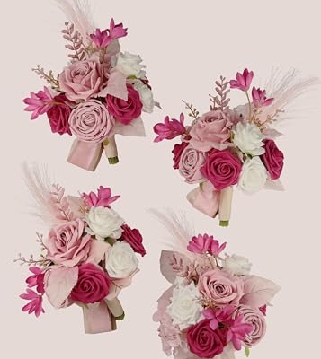Silky Flower Store Hot Pink Bridesmaid Bouquet Artificial Flowers Set of 4, BENCENTRE 7 Inch, Silk Roses Pampas Grass 18 Inch Ribbon 13 13 Product: BENCENTRE 7 Inch Hot Pink Bridesmaid Bouquet for Wedding, Set of 4, Small Wedding Bouquet,for Marriage Proposal Party and Vintage Wedding Ceremony Anniversary,Artificial Flowers