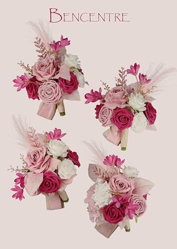 Silky Flower Store Hot Pink Bridesmaid Bouquet Artificial Flowers Set of 4, BENCENTRE 7 Inch, Silk Roses Pampas Grass 18 Inch Ribbon 6 6 Product: BENCENTRE 7 Inch Hot Pink Bridesmaid Bouquet for Wedding, Set of 4, Small Wedding Bouquet,for Marriage Proposal Party and Vintage Wedding Ceremony Anniversary,Artificial Flowers
