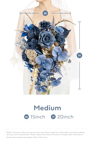 Silky Flower Store Navy Blue and Gold Cascading Bridal Bouquet, Artificial Wedding Flower Bouquet, 15 Inch 1 1 Product: Ling's Moment Navy Blue and Gold Bridal Bouquet Cascading, Manor Blue Wedding Bouquets for Bride, 15 Inch Artificial Wedding Flower Bouquet