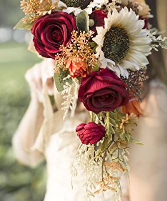 Product: Ansofi 9 Inch Vintage Sunflower Wedding Bouquets for Bride Artificial Burgundy Rose Cascading Bridal Bouquet Burnt Orange Rustic Toss Bouquet for Wedding Ceremony Party Church Decor