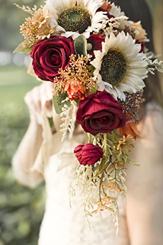 Product: Ansofi 9 Inch Vintage Sunflower Wedding Bouquets for Bride Artificial Burgundy Rose Cascading Bridal Bouquet Burnt Orange Rustic Toss Bouquet for Wedding Ceremony Party Church Decor