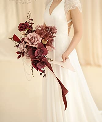 Silky Flower Store Red Burgundy Cascading Bridal Bouquet, Artificial Wedding Bouquet, Mauve Wine Bridal Flowers, 13 Inch x 20 Inch 11 11 Product: Ling's Moment Red Bridal Bouquet Cascading, Burgundy Wedding Bouquets for Bride, 13 Inch Bride Bouquets for Wedding Artificial Flowers Bouquets