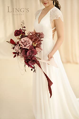 Silky Flower Store Red Burgundy Cascading Bridal Bouquet, Artificial Wedding Bouquet, Mauve Wine Bridal Flowers, 13 Inch x 20 Inch 4 4 Product: Ling's Moment Red Bridal Bouquet Cascading, Burgundy Wedding Bouquets for Bride, 13 Inch Bride Bouquets for Wedding Artificial Flowers Bouquets