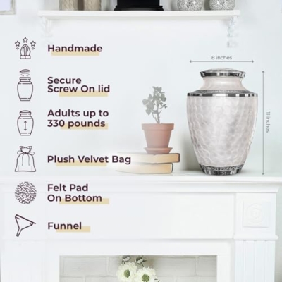 Silky Flower Store Memorial Cremation Urn for Human Ashes, Large Decorative Burial Urn, Opal White Silver Lining, 20.5cm 7 7 Product: Trupoint Memorials Cremation Urns for Human Ashes, Decorative Burial Urn for Adult Men and Women, Large Opal with Silver Lining