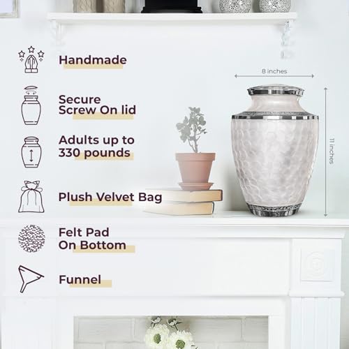 Silky Flower Store Memorial Cremation Urn for Human Ashes, Large Decorative Burial Urn, Opal White Silver Lining, 20.5cm 1 1 Product: Trupoint Memorials Cremation Urns for Human Ashes, Decorative Burial Urn for Adult Men and Women, Large Opal with Silver Lining