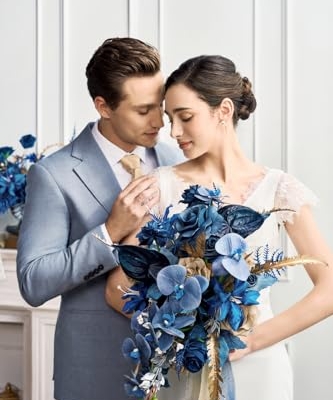 Silky Flower Store Navy Blue and Gold Cascading Bridal Bouquet, Artificial Wedding Flower Bouquet, 15 Inch 10 10 Product: Ling's Moment Navy Blue and Gold Bridal Bouquet Cascading, Manor Blue Wedding Bouquets for Bride, 15 Inch Artificial Wedding Flower Bouquet