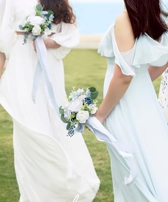 Silky Flower Store Dusty Blue Bridesmaid Bouquet, Artificial Silk Foam Wedding Flowers Set of 6, Blue White Bridal Bouquet, 7 Inch 10 10 Product: Ling's Moment Artificial Flowers Dusty Blue Bridesmaid Bouquet Set of 6, Blue & White Wedding Flowers Bouquets for Bridesmaids, 7 Inch Bridal Bouquets for Bridesmaids