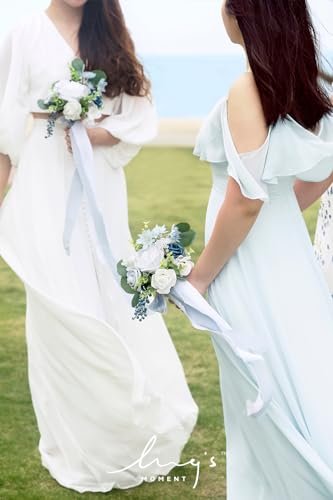 Silky Flower Store Dusty Blue Bridesmaid Bouquet, Artificial Silk Foam Wedding Flowers Set of 6, Blue White Bridal Bouquet, 7 Inch 3 3 Product: Ling's Moment Artificial Flowers Dusty Blue Bridesmaid Bouquet Set of 6, Blue & White Wedding Flowers Bouquets for Bridesmaids, 7 Inch Bridal Bouquets for Bridesmaids