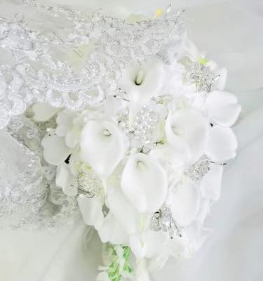 Product: IFFO Calla Lilies Simulation Rose Diamonds Pearl Bride Wedding Bouquet (White)