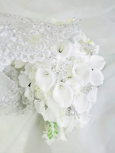 Product: IFFO Calla Lilies Simulation Rose Diamonds Pearl Bride Wedding Bouquet (White)