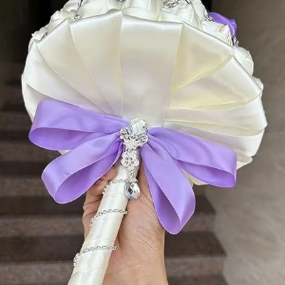 Product: Sharebeauty 9.4" Handmade Satin Rose Bridal Bouquet Toss Round Wedding Bouquet Throw Toss Artificial Flower Bunch Ivory + Bright Lavender