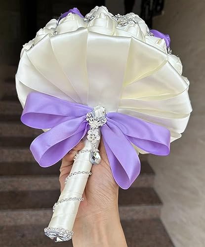 Product: Sharebeauty 9.4" Handmade Satin Rose Bridal Bouquet Toss Round Wedding Bouquet Throw Toss Artificial Flower Bunch Ivory + Bright Lavender