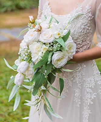 Silky Flower Store Artificial Bridal Bouquet, White Greenery Cascading Bouquet, Wedding Floral Arrangement, 12 Inch 8 8 Product: BENCENTRE 12-Inch White & Greenery Cascading Bridal Bouquet for Wedding Ceremony, Anniversary, French Rustic Vintage Style - Artificial Flowers