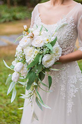Silky Flower Store Artificial Bridal Bouquet, White Greenery Cascading Bouquet, Wedding Floral Arrangement, 12 Inch 2 2 Product: BENCENTRE 12-Inch White & Greenery Cascading Bridal Bouquet for Wedding Ceremony, Anniversary, French Rustic Vintage Style - Artificial Flowers