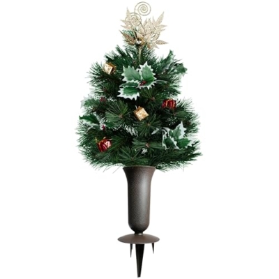 Product: Sympathy Silks Artificial Cemetery Flowers - Gravesite Flowers - Gold Topper Christmas Tree w Holly and Presents - (1) Tree (1) Cemetery Vase