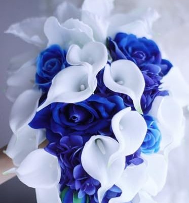 Silky Flower Store Royal Blue White Calla Lily Bridal Bouquet, Waterfall Water Drops Luxury Wedding Bouquet, Handmade Faux Floral Decor 32.5cm 11 11 Product: IFFO Royal Blue Bouquet, Bridal Bouquets for Wedding,White Calla Lily Bridal Bouquet, Water Drops Waterfall Shape, Luxury Jewelry Bouquet Romantic Wedding (No Jewelry)