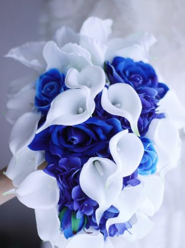 Silky Flower Store Royal Blue White Calla Lily Bridal Bouquet, Waterfall Water Drops Luxury Wedding Bouquet, Handmade Faux Floral Decor 32.5cm 4 4 Product: IFFO Royal Blue Bouquet, Bridal Bouquets for Wedding,White Calla Lily Bridal Bouquet, Water Drops Waterfall Shape, Luxury Jewelry Bouquet Romantic Wedding (No Jewelry)