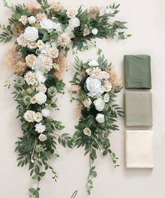 Silky Flower Store Wedding Arch Flowers Kit, Sheer Drapes, Spring Green Rose, Sage White Faux Florals, 5 Piece Set, 6ft x 9ft Arch 12 12 Product: Ling's Moment Wedding Arch Flowers with Sheer Drapes Kit - Artificial Spring Green Rose Floral Arrangements for Ceremony Backdrop, Arbor Decor, 5-Piece Set (2 Flower Stems + 3 Hanging Drapes)