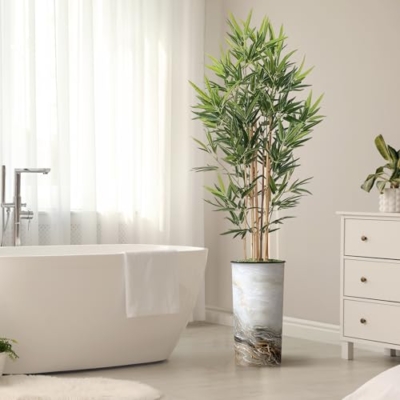 Product: Artificial Tree in Modern Granite Effect Planter, Fake Bamboo Silk Tree for Indoor and Outdoor Home Decoration - 70" Overall Tall (Plant Pot Plus Tree)