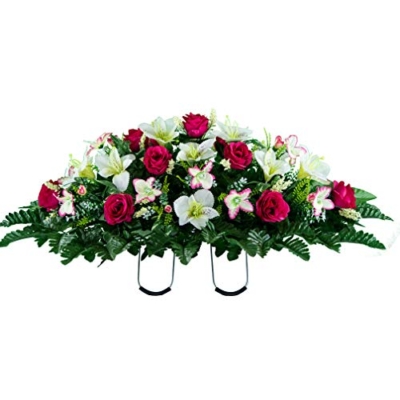 Product: Sympathy Silks Artificial Cemetery Flowers – Realistic Roses and Alstroemerias, Outdoor Grave Decorations -Pink White Rose Saddle