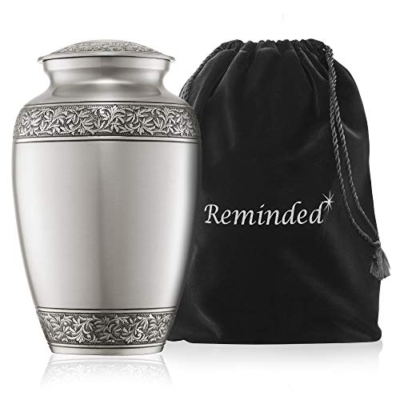 Product: Reminded Cremation Memorial Urn for Human Ashes, Silver Adult Funeral Urn with Velvet Bag