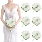 Product: SEMONONIA Artificial Bridesmaid Bouquets Set of 6-7 Inch Bridesmaid Bouquets Ivory White Rose Babys Breath Pre-Made Silk Flower Bouquet for Wedding Bridal Shower Centerpiece Ceremony and Anniversary