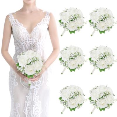 Product: SEMONONIA Artificial Bridesmaid Bouquets Set of 6-7 Inch Bridesmaid Bouquets Ivory White Rose Babys Breath Pre-Made Silk Flower Bouquet for Wedding Bridal Shower Centerpiece Ceremony and Anniversary