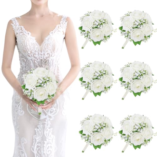 SEMONONIA Artificial Bridesmaid Bouquets Set of 6-7 Inch Bridesmaid Bouquets Ivory White Rose Babys Breath Pre-Made Silk Flower Bouquet for Wedding Bridal Shower Centerpiece Ceremony and Anniversary - Artificial Flower Arrangements Product: SEMONONIA Artificial Bridesmaid Bouquets Set of 6-7 Inch Bridesmaid Bouquets Ivory White Rose Babys Breath Pre-Made Silk Flower Bouquet for Wedding Bridal Shower Centerpiece Ceremony and Anniversary