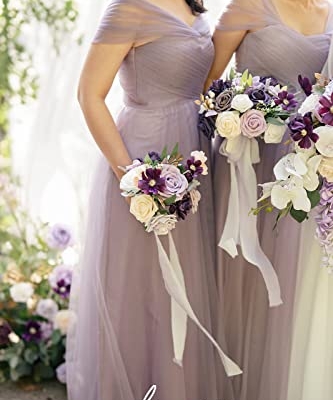 Product: Ling's Moment Artificial Flowers Purple Bridesmaid Bouquet Set of 4, Lilac and Gold Wedding Flowers Bouquets for Bridesmaids, 7 Inch Bridal Bouquets for Bridesmaids, Wedding, Ceremony, Anniversary, et