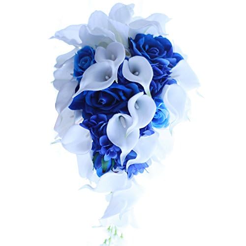 Silky Flower Store Royal Blue White Calla Lily Bridal Bouquet, Waterfall Water Drops Luxury Wedding Bouquet, Handmade Faux Floral Decor 32.5cm 1 1 Product: IFFO Royal Blue Bouquet, Bridal Bouquets for Wedding,White Calla Lily Bridal Bouquet, Water Drops Waterfall Shape, Luxury Jewelry Bouquet Romantic Wedding (No Jewelry)