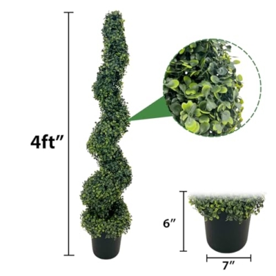 Product: ROOMTEC 4FT Artificial Spiral Boxwood Topiary Tree Front Porch Decor Tree Potted Large Faux Plant in Cement-Filled Plastic Pot Faux Topiary Trees for Indoor Outdoor Home Front Porch Decor