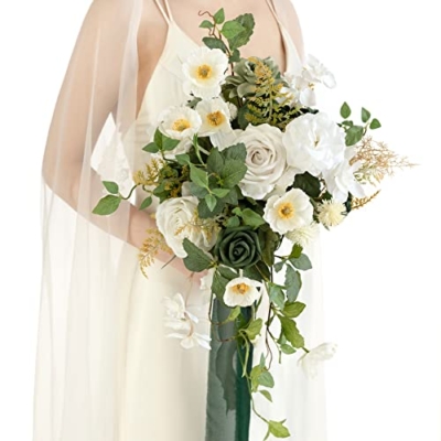 Product: Ling's Moment White Green Bridal Bouquet Cascading, Spring Wedding Bouquets for Bride, 13 Inch Silk Artificial Wedding Flower Bouquet