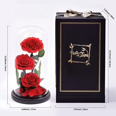 Silky Flower Store Preserved Real Rose Glass Dome, Rustic Stems Eternal Flower Gift, Luxury Decorative Floral Display 20.5cm 10 10 Product: RUSTIC STEMS Luxury Preserved Real Rose in Glass Dome - Eternal Flower Gift for Mom, Wife, Girlfriend | Perfect for Valentine's, Weddings, Birthdays & Christmas