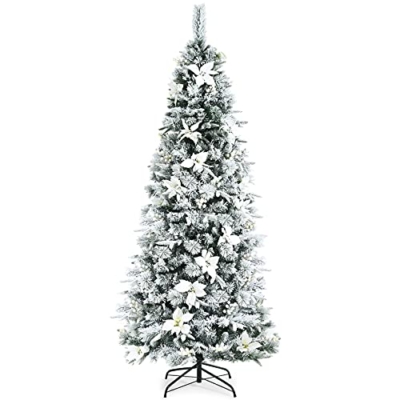 Product: Goplus Snow Flocked Pencil Christmas Tree, 7FT Hinged Artificial Skinny Xmas Tree with White Berries, Poinsettia Flowers and Folding Metal Stand, Perfect for Holiday Indoor Décor