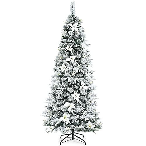 Product: Goplus Snow Flocked Pencil Christmas Tree, 7FT Hinged Artificial Skinny Xmas Tree with White Berries, Poinsettia Flowers and Folding Metal Stand, Perfect for Holiday Indoor Décor