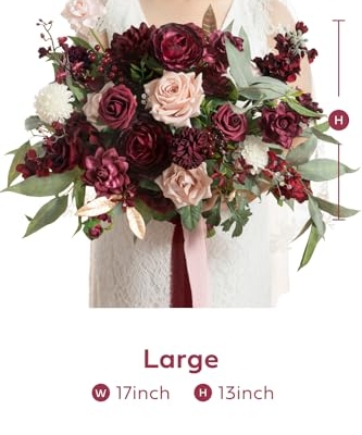 Silky Flower Store Red Burgundy Blush Bridal Bouquet, Artificial Wedding Flower Bouquet, Lings Moment, 17 Inch 9 9 Product: Ling's Moment Red Wedding Bouquets for Bride, Burgundy and Blush Bridal Bouquets for Bride,17 Inch Free Form Artificial Wedding Flower Bouquet